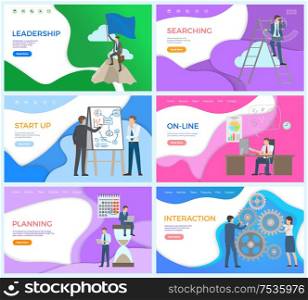 Leadership man with flag on mountain peak, startup ideas vector. Project presentation on whiteboard, searching for problem solving, work interaction. Leadership Man with Flag on Peak, Startup Ideas
