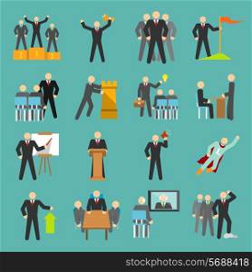 Leadership management teamwork conference and presentation icons flat set isolated vector illustration