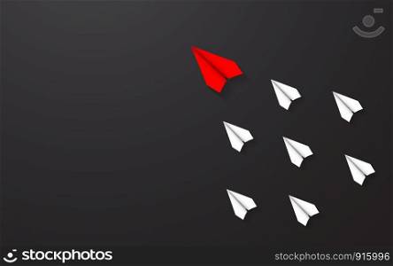 Leadership of Red paper airplane concept between white paper airplane. Key man and Business successful with one direction together. Black texture illustration background vector.