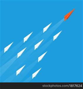 Leadership plane concept. Business goal, paper airplane follow to success. Teamwork mission, red leader creative vision vector illustration. Plane leader red, creative vision mission in sky. Leadership plane concept. Business goal, paper airplane follow to success. Teamwork mission, red leader creative vision vector illustration