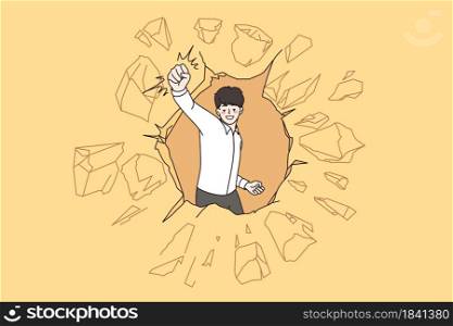 Leadership, success, innovation development concept. Young positive businessman breaking through concrete wall achieving goal vector illustration . Leadership, success, innovation development concept.