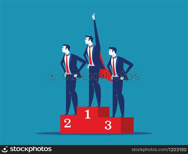 Leadership superhero standing on the winning podium. Concept business success vector illustration.
