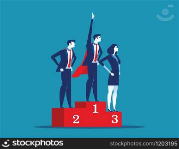 Leadership superhero standing on the winning podium. Concept business success vector illustration.