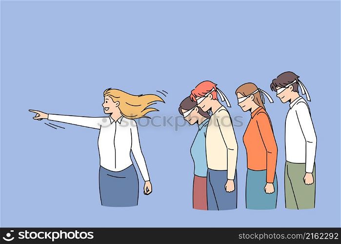 Leadership worship and pressure concept. Young positive confident determined woman pointing ahead with finger and group of people followers with eyes closed standing behind vector illustration . Leadership worship and pressure concept.