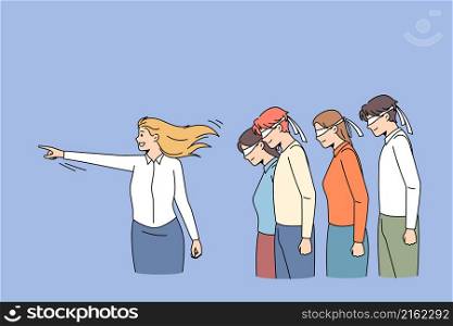 Leadership worship and pressure concept. Young positive confident determined woman pointing ahead with finger and group of people followers with eyes closed standing behind vector illustration . Leadership worship and pressure concept.