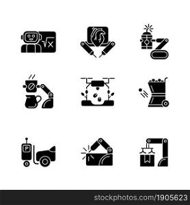 Leading technologies black glyph icons set on white space. Autonomous robots in gardening and cooking. Industrial automation. Advances in medicine. Silhouette symbols. Vector isolated illustration. Leading technologies black glyph icons set on white space