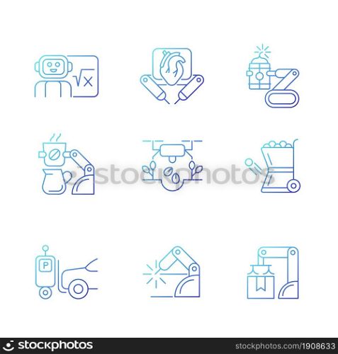 Leading technologies gradient linear vector icons set. Autonomous robots in gardening and cooking. Industrial automation. Thin line contour symbols bundle. Isolated outline illustrations collection. Leading technologies gradient linear vector icons set