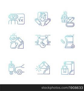 Leading technologies gradient linear vector icons set. Autonomous robots in gardening and cooking. Industrial automation. Thin line contour symbols bundle. Isolated outline illustrations collection. Leading technologies gradient linear vector icons set