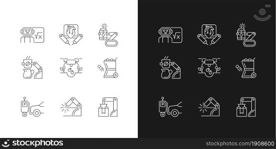 Leading technologies linear icons set for dark and light mode. Autonomous robots. Industrial automation. Customizable thin line symbols. Isolated vector outline illustrations. Editable stroke. Leading technologies linear icons set for dark and light mode