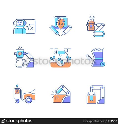 Leading technologies RGB color icons set. Autonomous robots in gardening and cooking. Industrial automation. Advances in medicine. Isolated vector illustrations. Simple filled line drawings collection. Leading technologies RGB color icons set