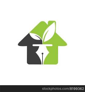 Leaf and pen logo design. Education and writer community Logo. Home with leaf and nab icon design. 