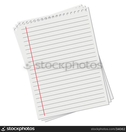 leaf from a notebook on white background. Blank white worksheet exercise book. Vector EPS 10 illustration.