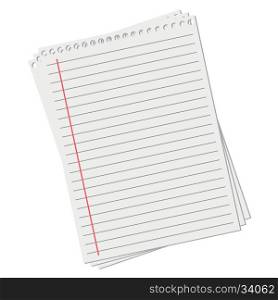 leaf from a notebook on white background. Blank white worksheet exercise book. Vector EPS 10 illustration.