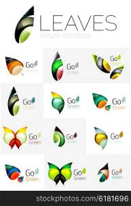 Leaf logo set. Leaf logo set. Vector collection of abstract geometric design futuristic leaves - go green logotypes. Created with color overlapping geometric elements - waves and swirls. Shiny and glossy effects