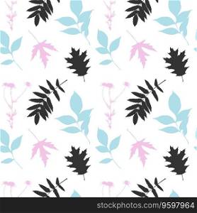 Leaf pattern pink blue black colors, st&leaves, white background.