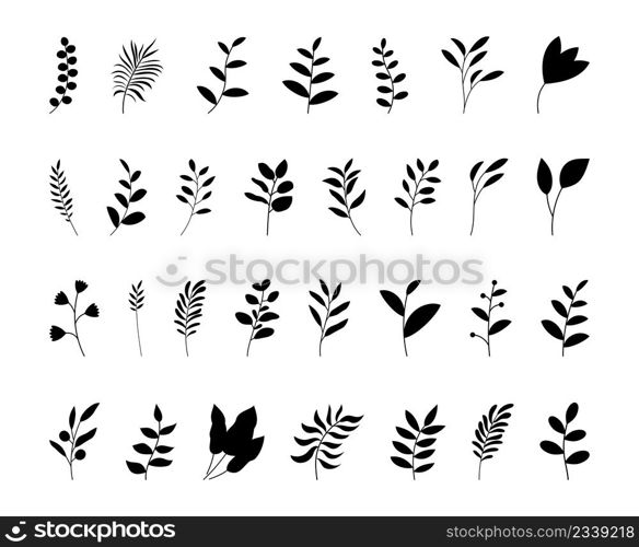 Leaf silhouette set. Hand drawn with leaves and flowers on white background.