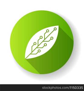 Leaf with microchip green flat design long shadow glyph icon. Smart agriculture. Green information technology. Organic chemistry. Nanotechnology development. Vector silhouette illustration
