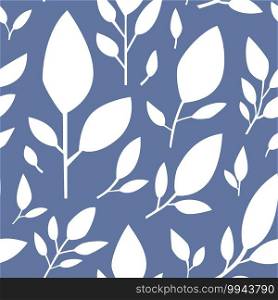 Leafage and decorative flora, leaves white silhouette seamless pattern. Blue background or print for greeting cards or textile design. Natural and organic flourishing, plant. Vector in flat style. Floral seamless pattern on blue, leaf flourishing