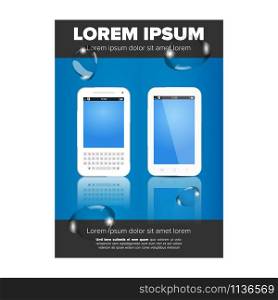 Leaflet design with mobile phones and on a blue background. Leaflet design with mobile phones
