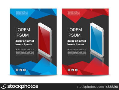 Leaflet with mobile phone on an abstract black background with colored triangles. Leaflet with mobile phone template