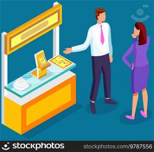 Leaflets, flyers distribution near presentation stand. Leafleting, advertising c&aign. Male distributor advertises something to customer. Pomoter giving advertisement, announcement to woman. Leaflets distribution near presentation stand. Pomoter giving advertisement, announcement to woman