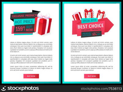 Leaflets with gift boxes and shopping cart, get presents for purchases. Special offer on exclusive products vector price tags on online promo vouchers. Leaflets with Gift Boxes, Shopping Cart, Presents