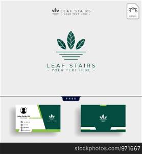 Leafs Logo Concept. Creative eco logo with green leafs and stairs and business card template - Vector. Creative eco logo with green leafs and stairs