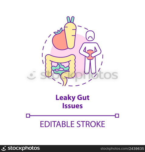 Leaky gut issues concept icon. Bloating and cramps problem. Side effect abstract idea thin line illustration. Isolated outline drawing. Editable stroke. Arial, Myriad Pro-Bold fonts used. Leaky gut issues concept icon