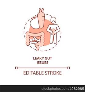 Leaky gut issues red concept icon. Bloating and cramps problem. Side effect abstract idea thin line illustration. Isolated outline drawing. Editable stroke. Arial, Myriad Pro-Bold fonts used. Leaky gut issues red concept icon