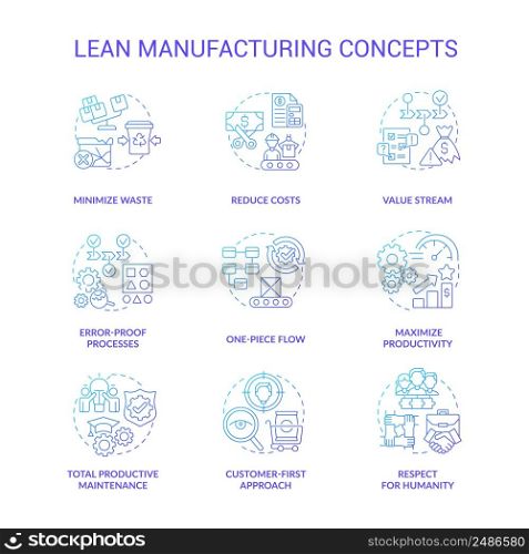 Lean manufacturing blue gradient icons set. Machine industry. Continuous production principles idea thin line color illustrations. Isolated symbols. Roboto-Medium, Myriad Pro-Bold fonts used. Lean manufacturing blue gradient icons set