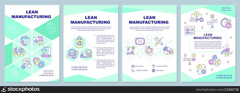 Lean manufacturing brochure template. Production process. Leaflet design with linear icons. 4 vector layouts for presentation, annual reports. Arial-Black, Myriad Pro-Regular fonts used. Lean manufacturing brochure template