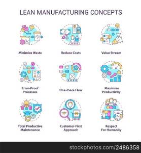 Lean manufacturing concept icons set. Machine industry. Continuous production idea thin line color illustrations. Isolated symbols. Editable stroke. Roboto-Medium, Myriad Pro-Bold fonts used. Lean manufacturing concept icons set