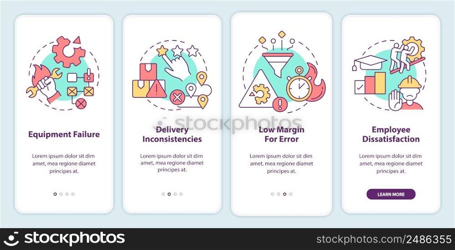 Lean manufacturing disadvantages onboarding mobile app screen. Walkthrough 4 steps graphic instructions pages with linear concepts. UI, UX, GUI template. Myriad Pro-Bold, Regular fonts used. Lean manufacturing disadvantages onboarding mobile app screen