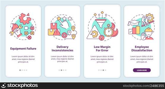 Lean manufacturing disadvantages onboarding mobile app screen. Walkthrough 4 steps graphic instructions pages with linear concepts. UI, UX, GUI template. Myriad Pro-Bold, Regular fonts used. Lean manufacturing disadvantages onboarding mobile app screen