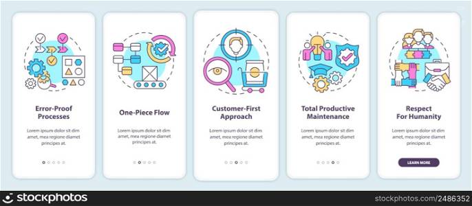 Lean manufacturing principles onboarding mobile app screen. Walkthrough 5 steps graphic instructions pages with linear concepts. UI, UX, GUI template. Myriad Pro-Bold, Regular fonts used. Lean manufacturing principles onboarding mobile app screen