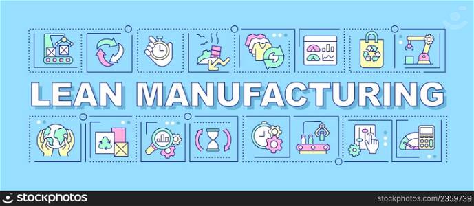 Lean manufacturing word concepts blue banner. Goods production. Infographics with icons on color background. Isolated typography. Vector illustration with text. Arial-Black font used. Lean manufacturing word concepts blue banner