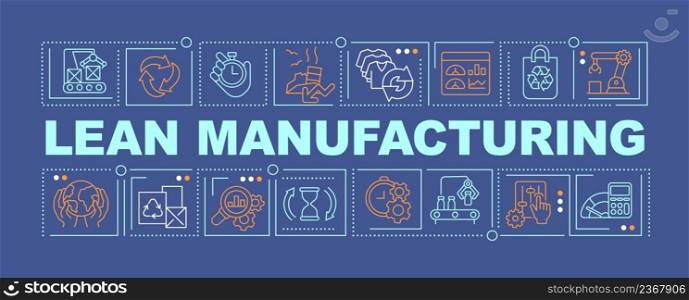 Lean manufacturing word concepts dark blue banner. Goods production. Infographics with icons on color background. Isolated typography. Vector illustration with text. Arial-Black font used. Lean manufacturing word concepts dark blue banner