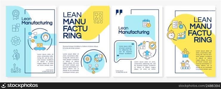 Lean manufacturing yellow and blue brochure template. Continuous production. Leaflet design with linear icons. 4 vector layouts for presentation, annual reports. Questrial, Lato-Regular fonts used. Lean manufacturing yellow and blue brochure template