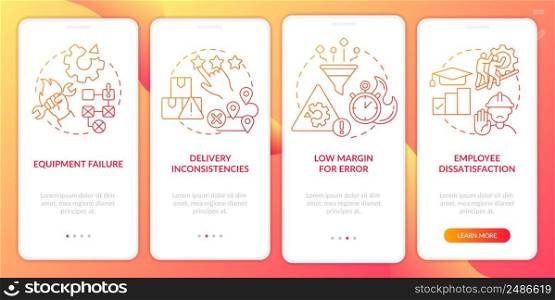Lean production disadvantages red gradient onboarding mobile app screen. Walkthrough 4 steps graphic instructions pages with linear concepts. UI, UX, GUI template. Myriad Pro-Bold, Regular fonts used. Lean production disadvantages red gradient onboarding mobile app screen