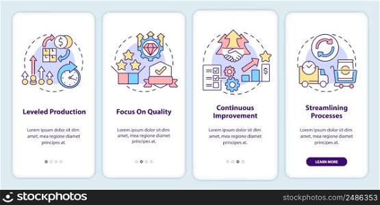 Lean production principles onboarding mobile app screen. Walkthrough 4 steps graphic instructions pages with linear concepts. UI, UX, GUI template. Myriad Pro-Bold, Regular fonts used. Lean production principles onboarding mobile app screen
