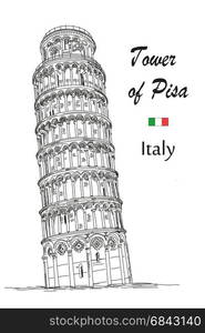 Leaning Tower of Pisa (Landmark of Italy) vector hand drawing illustration in black and white