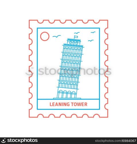 LEANING TOWER postage stamp Blue and red Line Style, vector illustration