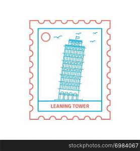 LEANING TOWER postage stamp Blue and red Line Style, vector illustration