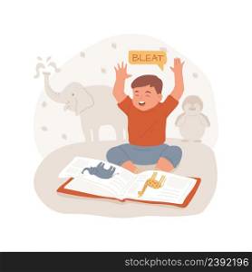 Learn about animals isolated cartoon vector illustration. Toddler reads a book with pictures, child imitates animal sound, learn through play, early education, kindergarten vector cartoon.. Learn about animals isolated cartoon vector illustration.