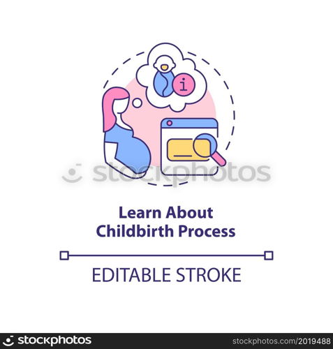 Learn about childbirth process concept icon. Preparing for baby abstract idea thin line illustration. Exploring recommendations about labour. Vector isolated outline color drawing. Editable stroke. Learn about childbirth process concept icon