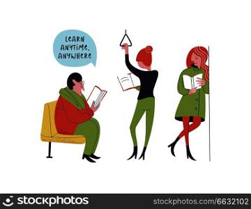 Learn anytime anywhere. Vector illustration. A group of people, a man and a woman read books in public transport.. Learn anytime anywhere. Vector illustration.