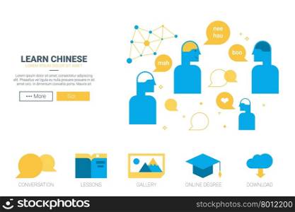 Learn chinese concept with blue characters talk in Chinese means hello flat design for website template or magazine illustration print