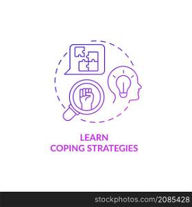 Learn coping strategies purple gradient concept icon. Protection from distress abstract idea thin line illustration. Therapy. Isolated outline drawing. Roboto-Medium, Myriad Pro-Bold fonts used. Learn coping strategies purple gradient concept icon