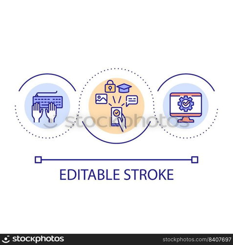 Learn digital literacy skills loop concept icon. Distance education abstract idea thin line illustration. Educational technology. Isolated outline drawing. Editable stroke. Arial font used. Learn digital literacy skills loop concept icon