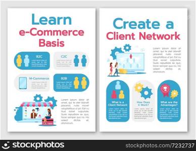 Learn e-commerce basis brochure template. Create client network. Flyer, booklet, leaflet concept, flat illustrations. Vector page cartoon layout for magazine. advertising invitation with text space. Learn e-commerce basis brochure template